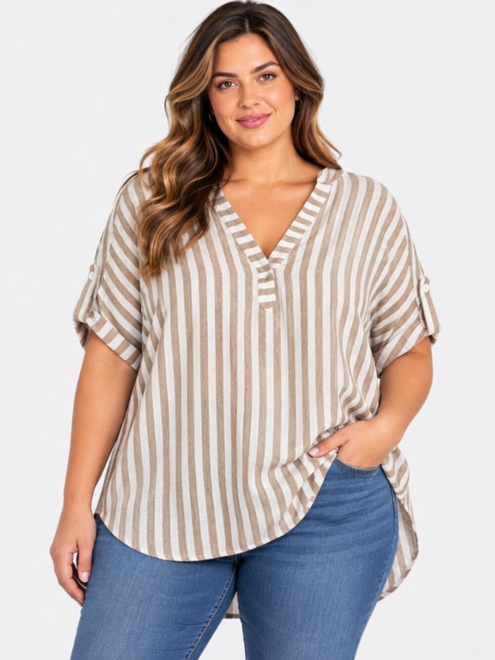 Jane & Delancey Women’s 1X Beige White Striped Blouse V Neck Roll Tab Sleeves